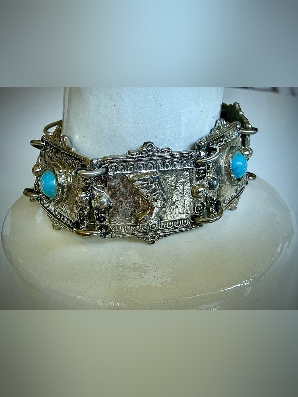 Vintage Silver Tone Egyptian Revival Panel Bracelet Turquoise Colored Cabochons